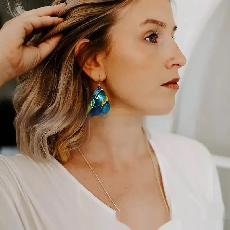 Acrylic flat branch knot drop earrings with printed design in unisex style.