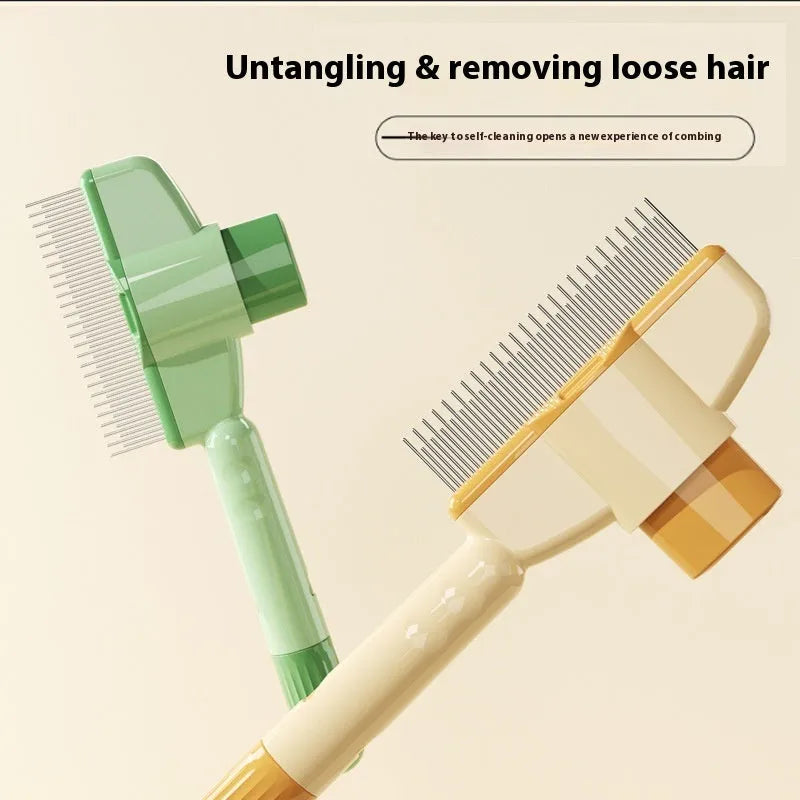 Green self-cleaning pet comb with release button and stainless steel teeth for dog and cat grooming