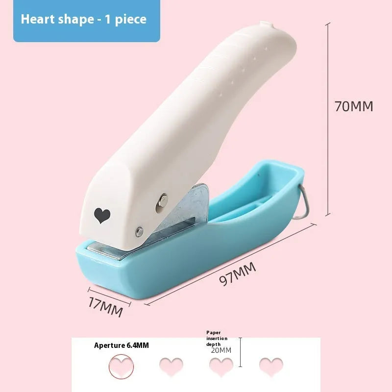 Small manual embossing punch machine for paper crafts showing Love, Star, and round pattern heads.