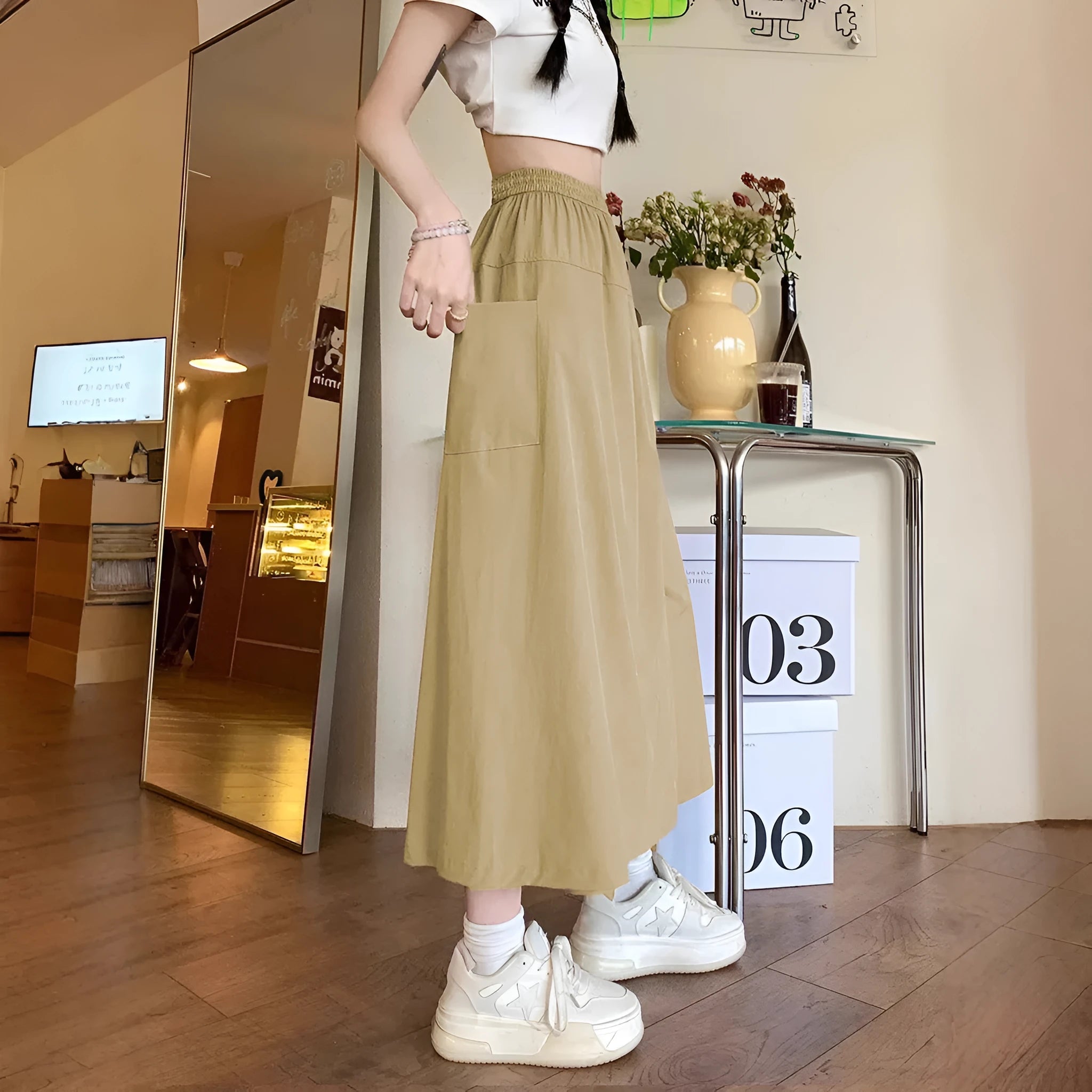Camel colour wide leg skirt with elastic waistband and drape detailing