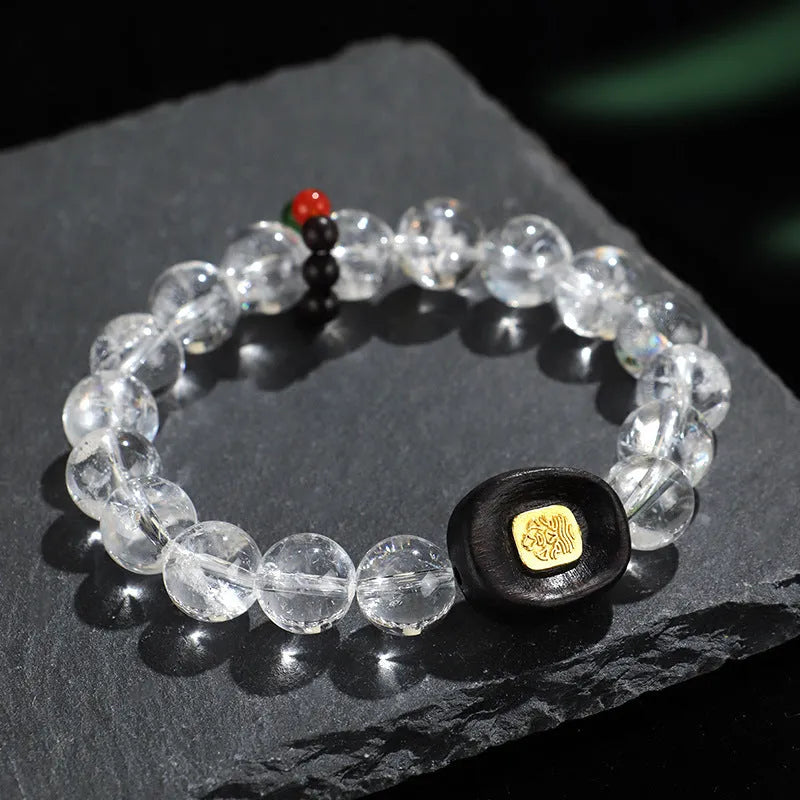 Natural white crystal ebony five bead ethnic bracelet with adjustable fastening