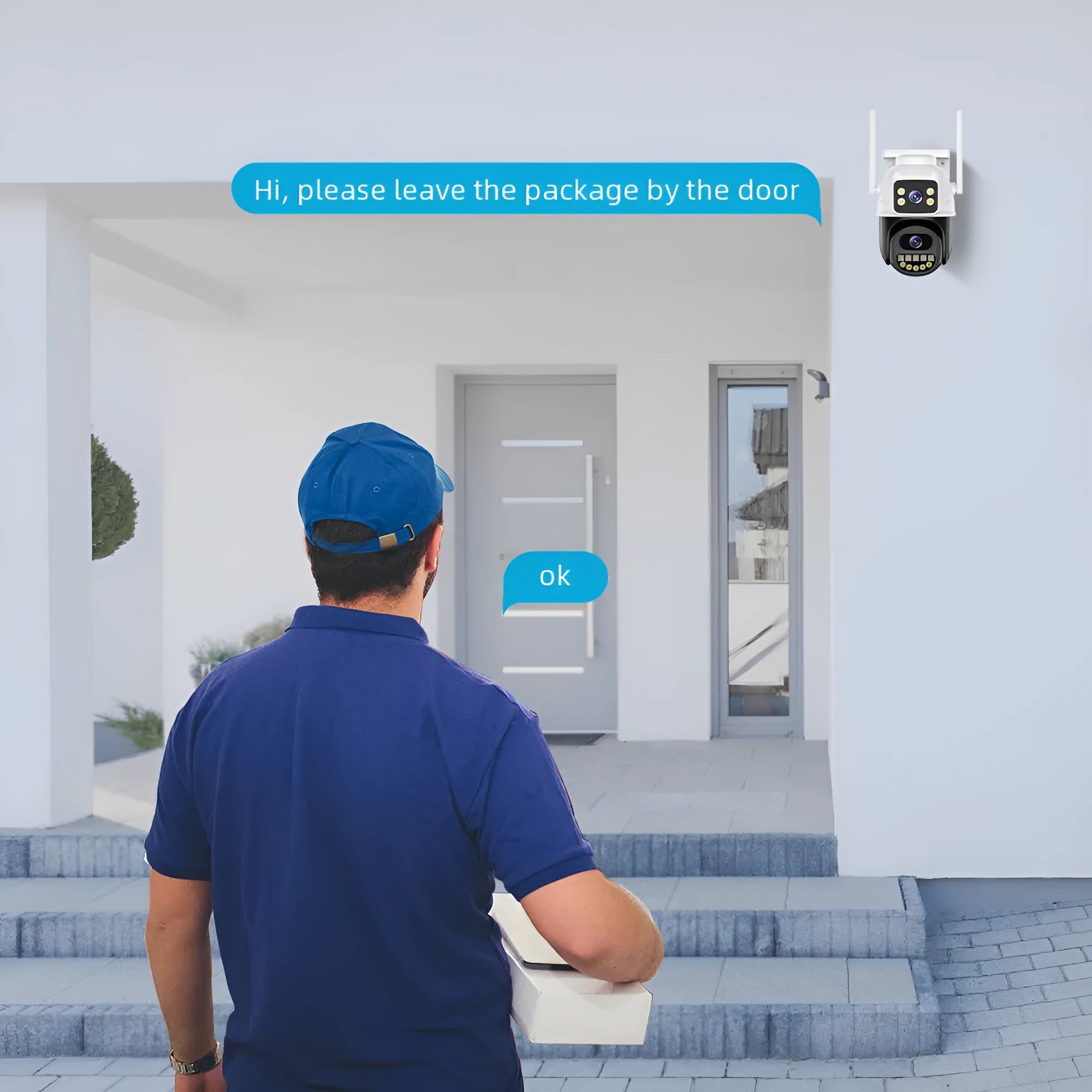 Binocular wireless home surveillance camera with dual light night vision, 5x zoom, and WiFi connectivity in black