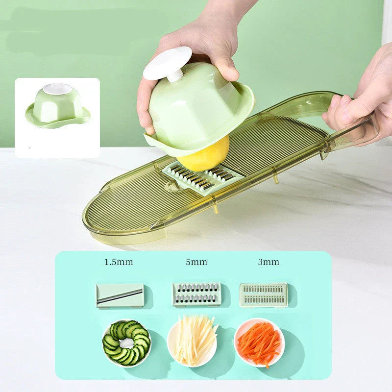 Multifunctional vegetable chopper with interchangeable stainless steel blades, water filtration port, and transparent body