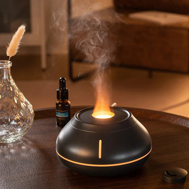 Soothing aroma diffuser with realistic flame effect, customizable essential oils, and automatic shut-off for a relaxing ambiance.