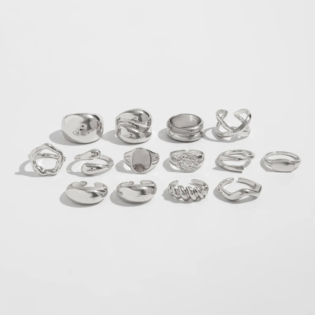 14 piece adjustable geometric ring set in Gold or White K with open-mouth alloy bands