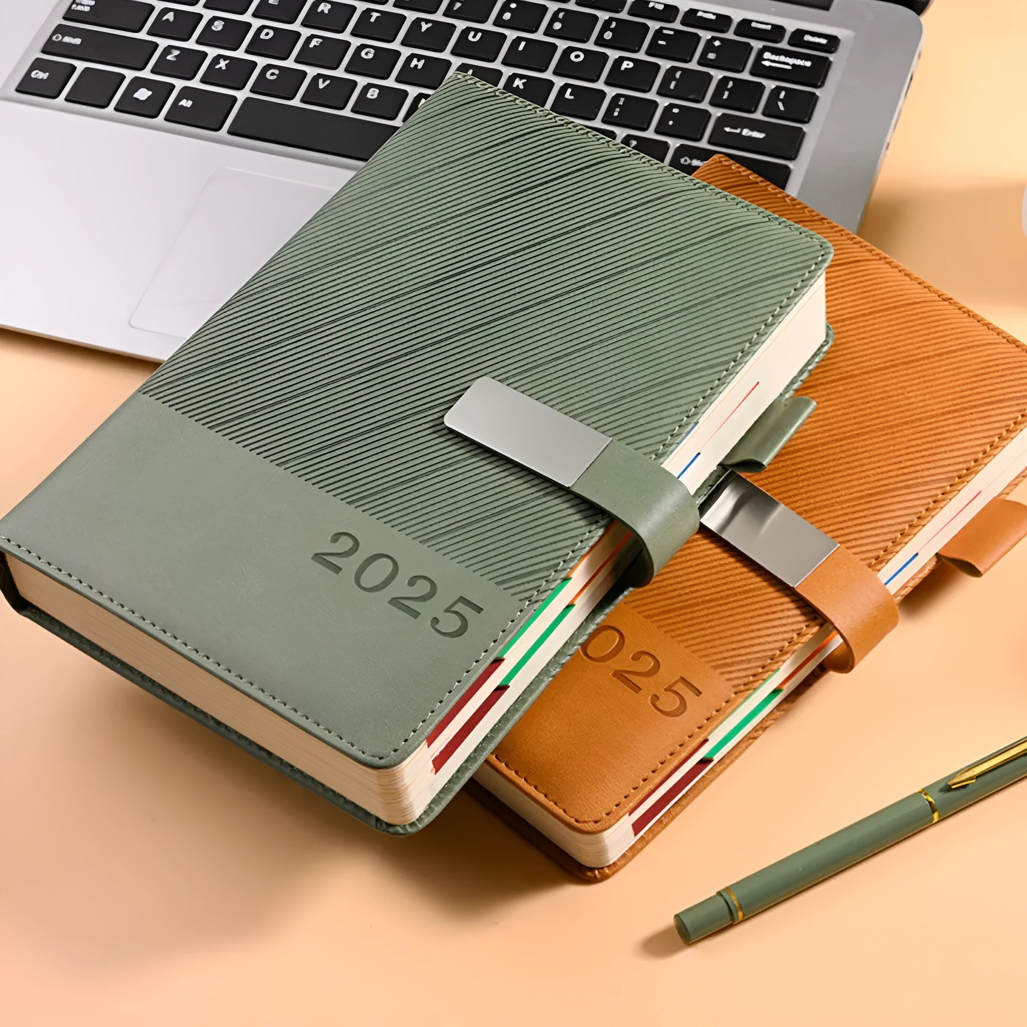 A5 thick notepad with striped PU leather cover in one of eight colour options