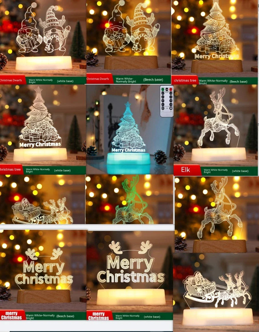 Festive 3D acrylic LED Christmas night lights in various holiday-themed designs, including Christmas trees, elks, and Christmas dwarfs.