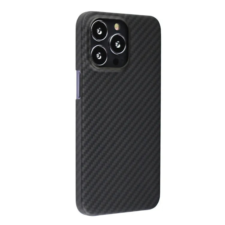 Dull black Kevlar fibre iPhone case with textured volcanic crater pattern and MagSafe magnetic rings