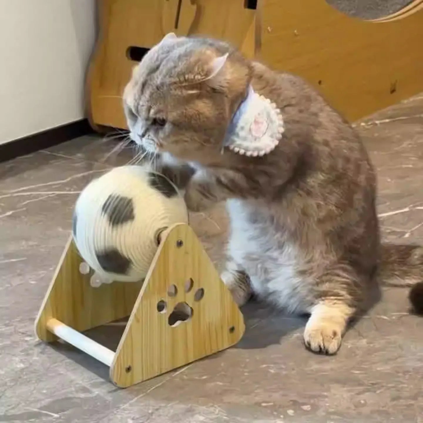 Vertical wooden cat scratch board with sisal rope surface in football style for claw grinding