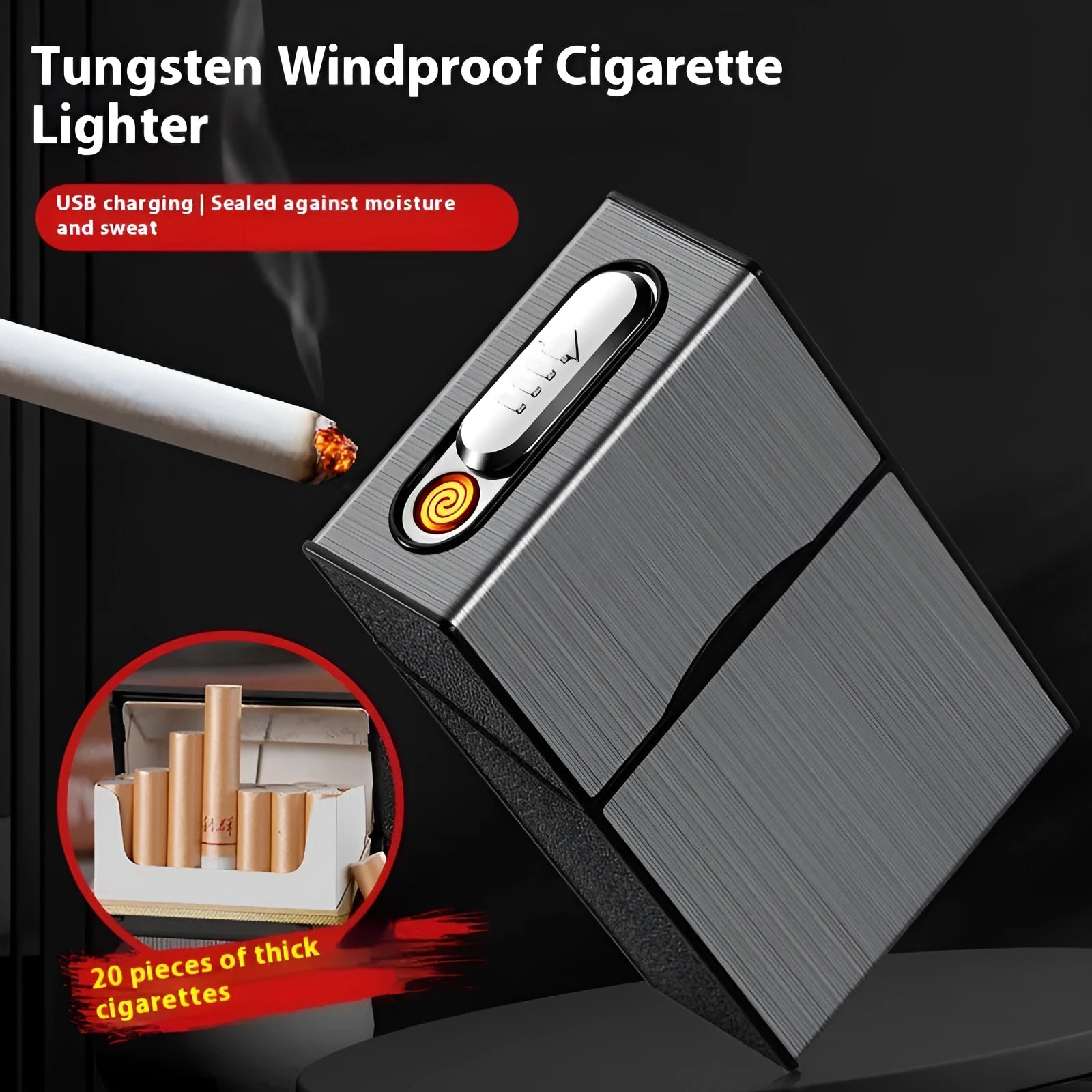 Simple Home USB charging windproof metal cigarette case lighter in gold brushed finish