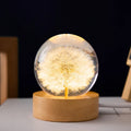 3D dandelion eternal flower night light in resin crystal ball on beech wood stand.