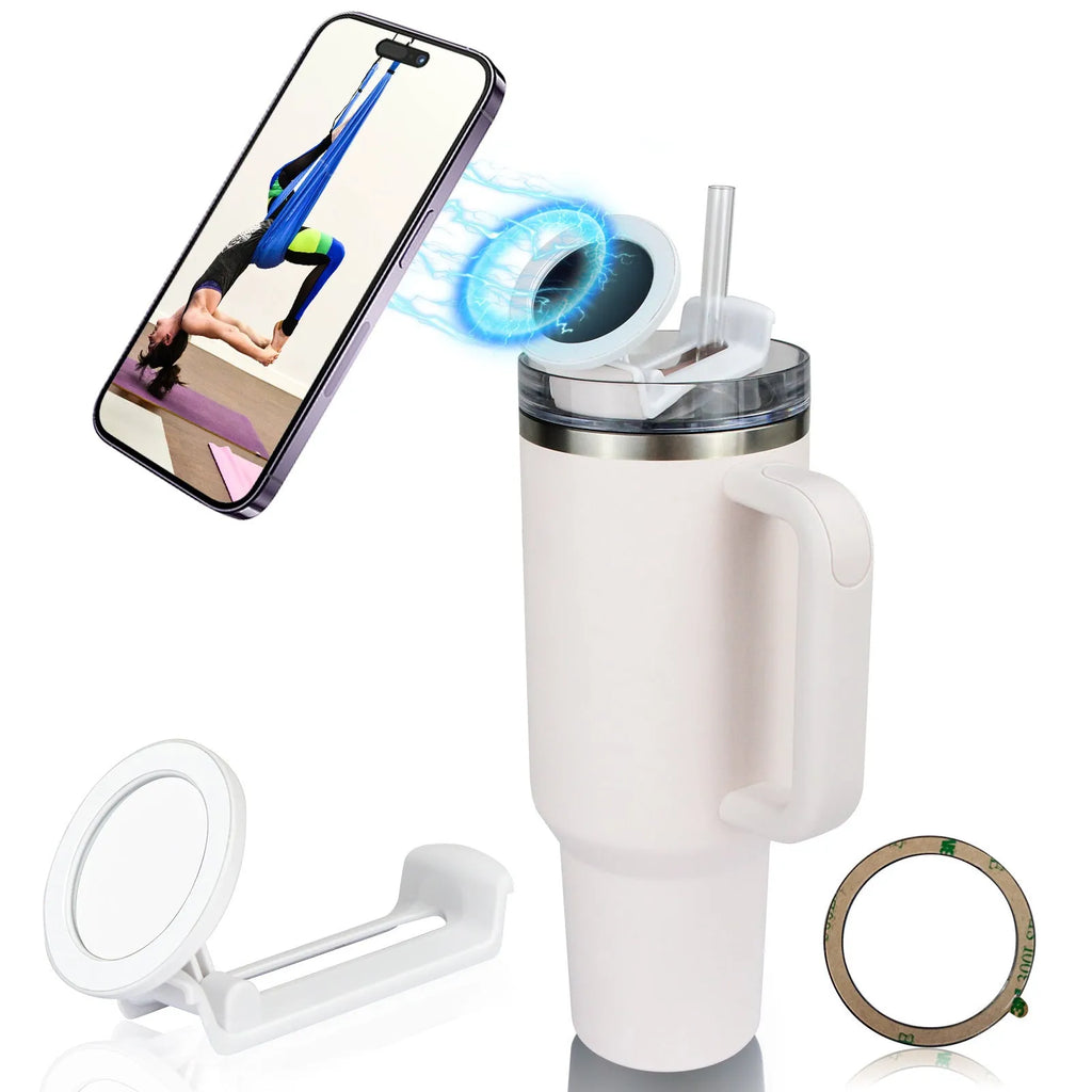 Black universal plastic car cup holder mobile phone mount with phone inserted