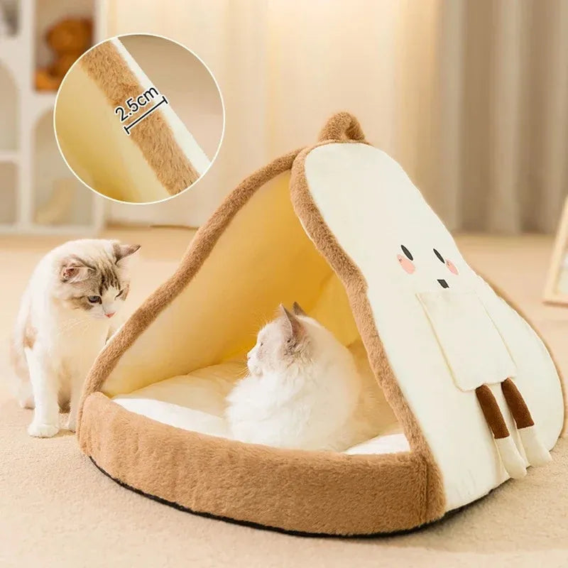 Green winter cat tent with blanket inside showing deep cave design for pet sleeping