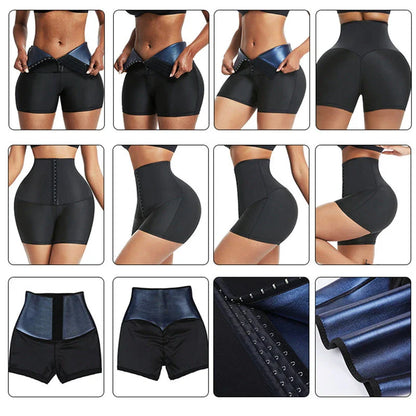 Slimming waist trainer shapewear leggings in silver and blue colors, featuring neoprene fabric and compression design for a sculpted look.