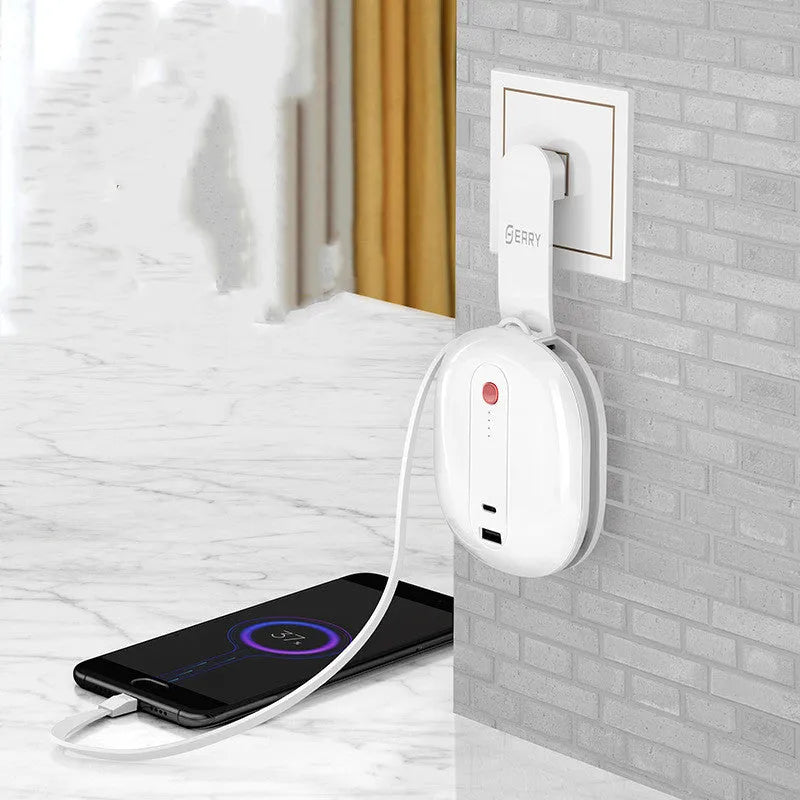 White and black square power bank with plug socket, showing 10000mAh capacity and compact size.