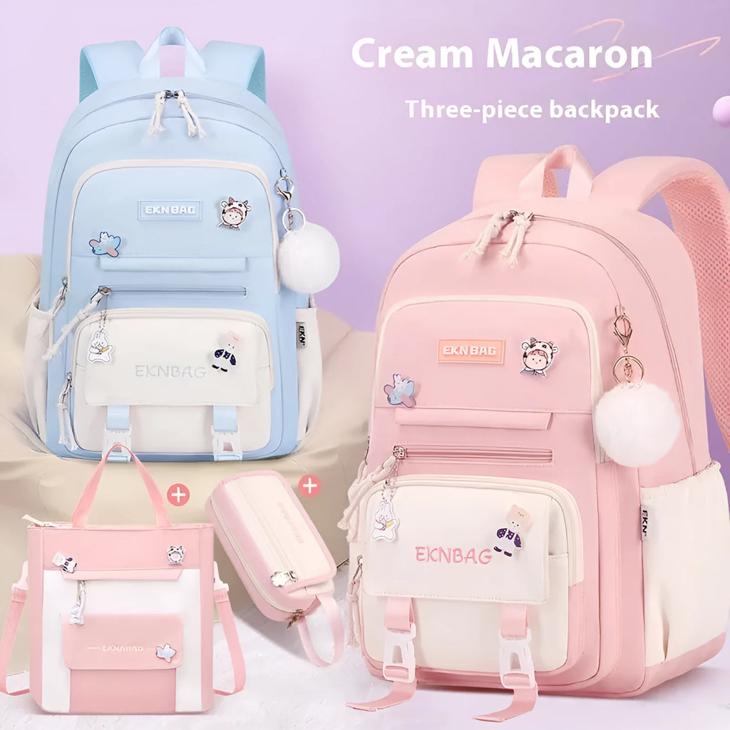 Waterproof pink school backpack for girls with curved straps and a matching pencil case.