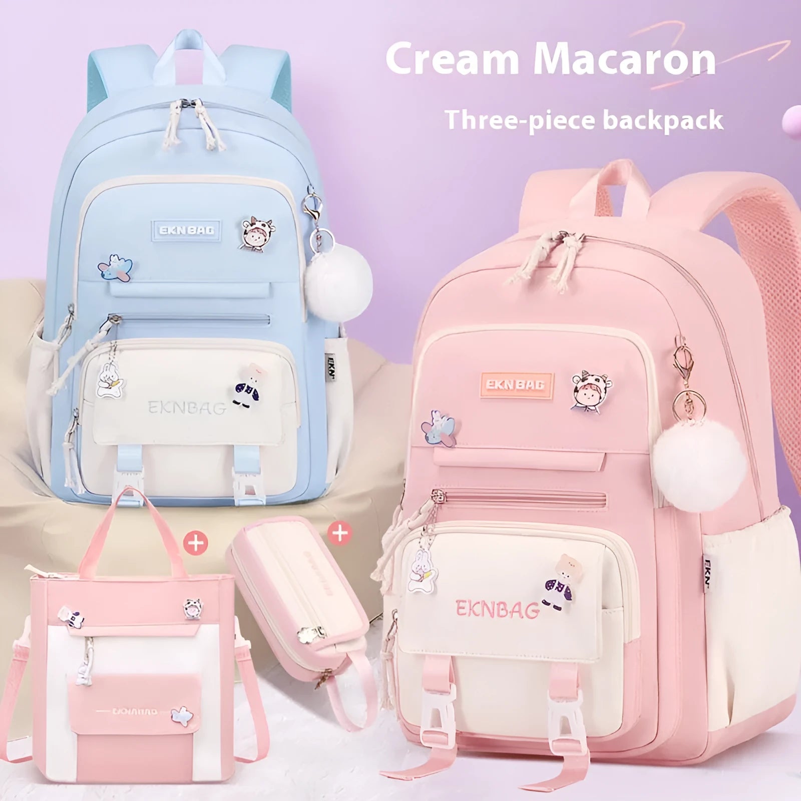 Waterproof pink school backpack for girls with curved straps and a matching pencil case.