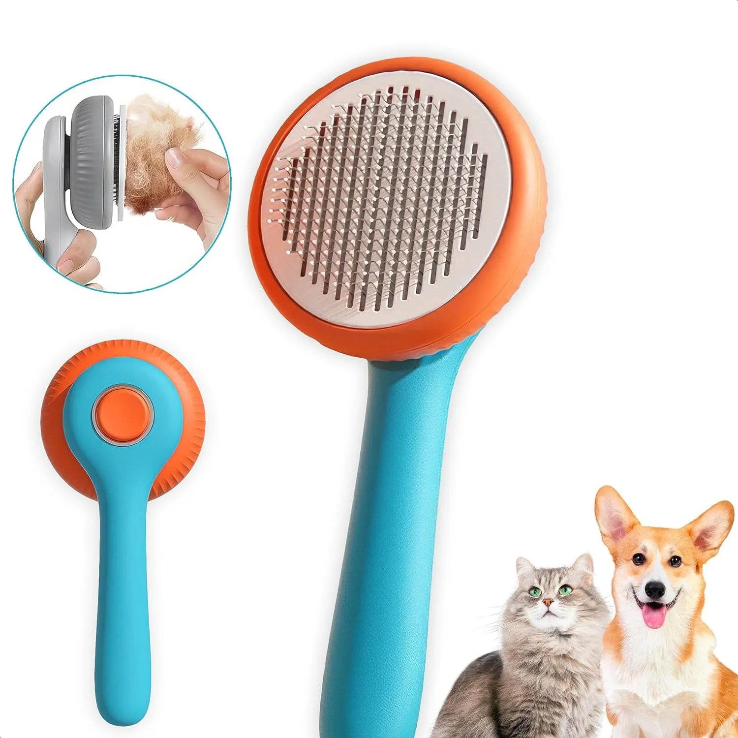 Blue and white self-cleaning slicker brush for grooming cats and dogs to remove loose fur.