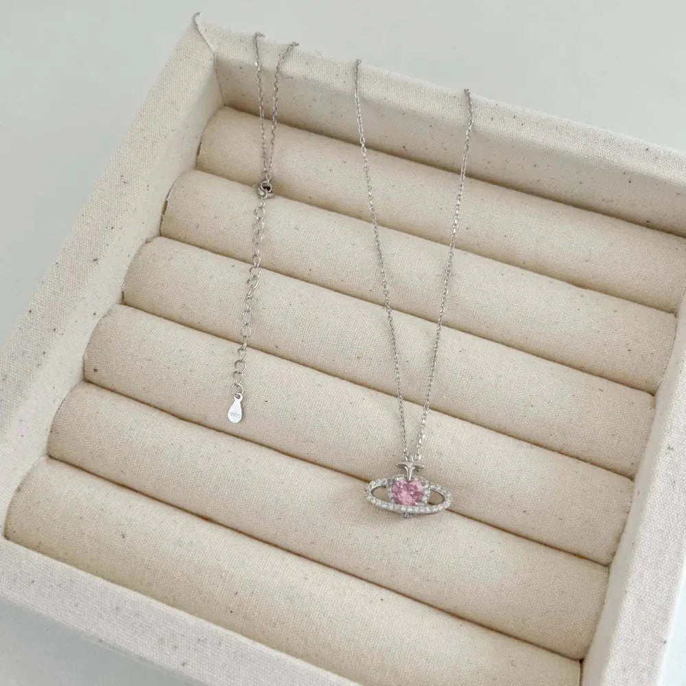 925 silver heart pendant necklace with pink zircon inlay on clavicle chain