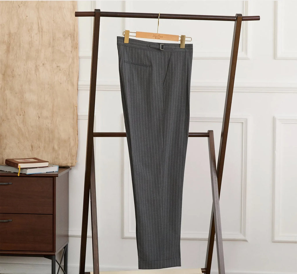 Men's Neapolitan striped trousers, mid-high waist, straight-leg, dark blue or dark grey, polyester, sizes 29-36