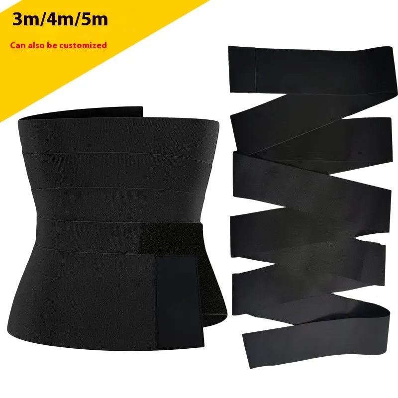 Latex silk waist trainer exercise belt on a 10cm width roll, showing its thickening polyester fabric.