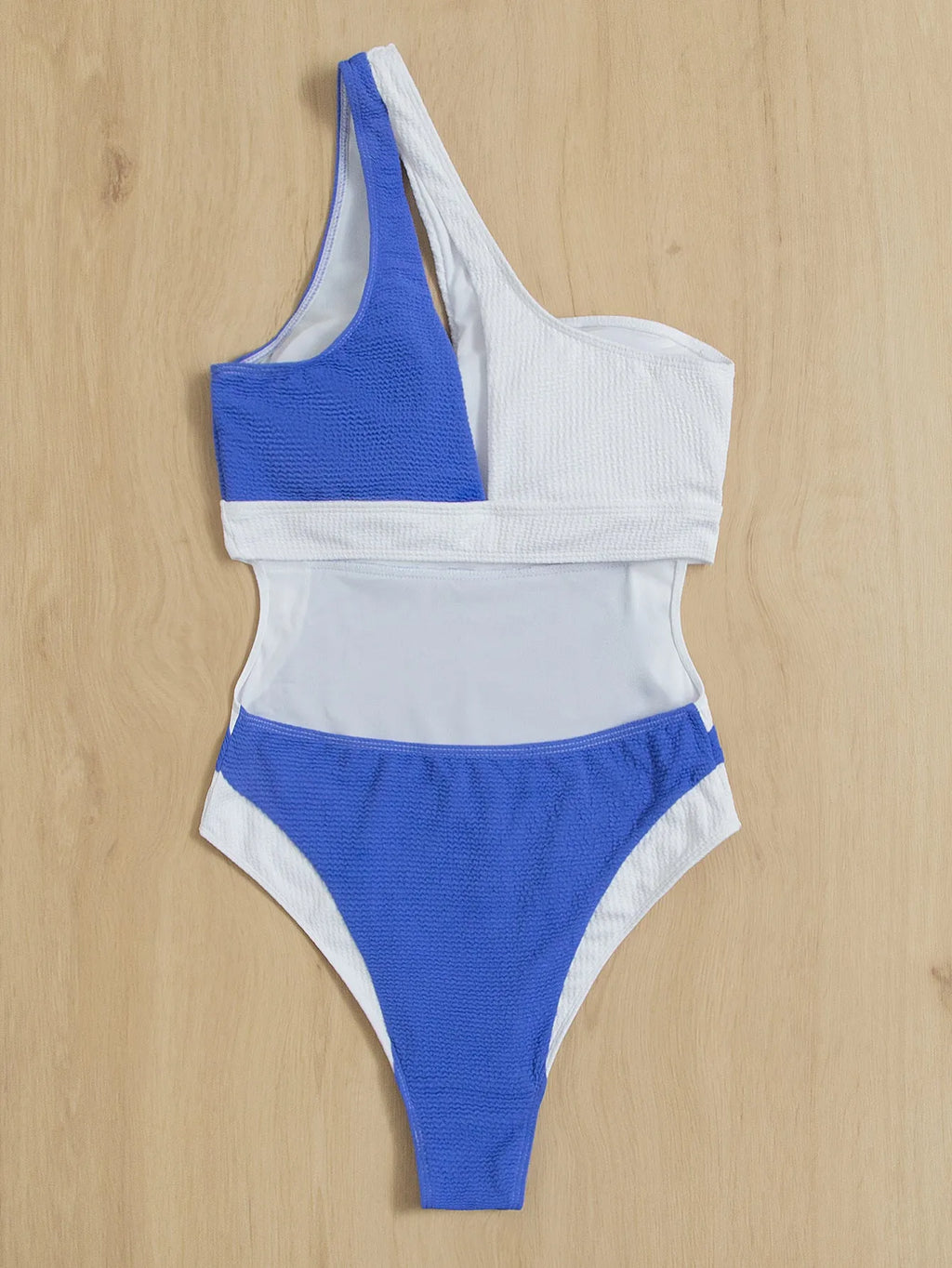 Women's colourblock one piece swimsuit in blue white with built-in chest pad