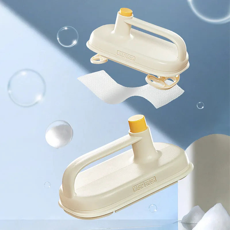 Magic Brush disposable dusting tool with plastic handle and white non-woven rags for cleaning