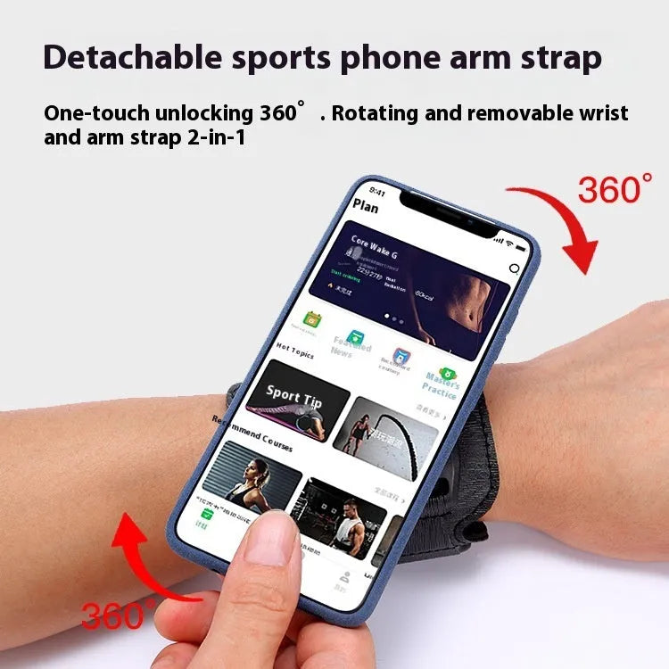 Black mobile phone arm bag with adjustable wrist strap holding smartphone for delivery riding or running