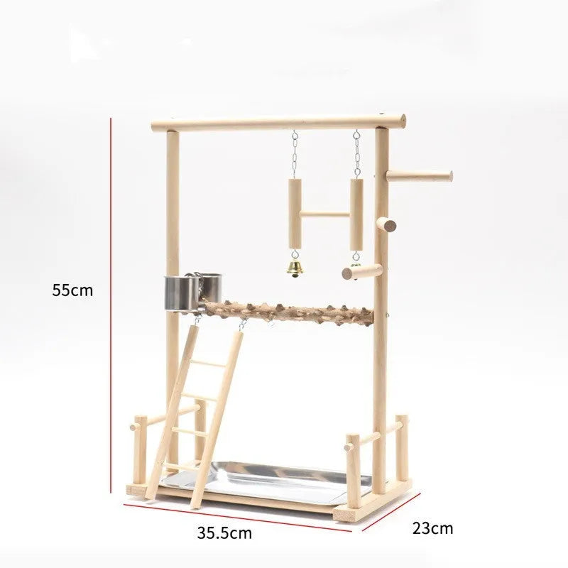 Bird playground stand with solid wood frame and pepper wood branches for parrots