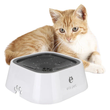 Spill-proof floating pet water bowl with slow feeder design, available in various colors and sizes