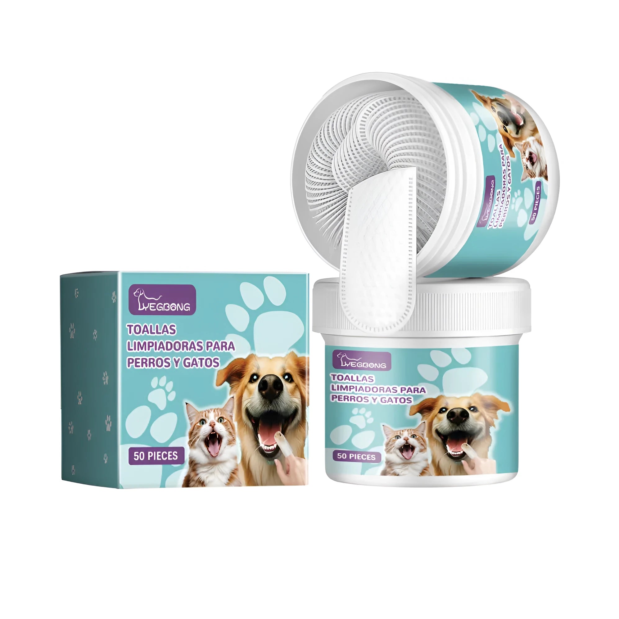 Dog cleaning finger muff glove for tartar removal, showing size and box packaging.