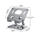 Rotating metal and silicone tablet stand in silver or black, showing adjustable height and 360-degree rotation.