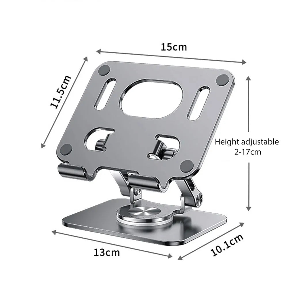 Rotating metal and silicone tablet stand in silver or black, showing adjustable height and 360-degree rotation.