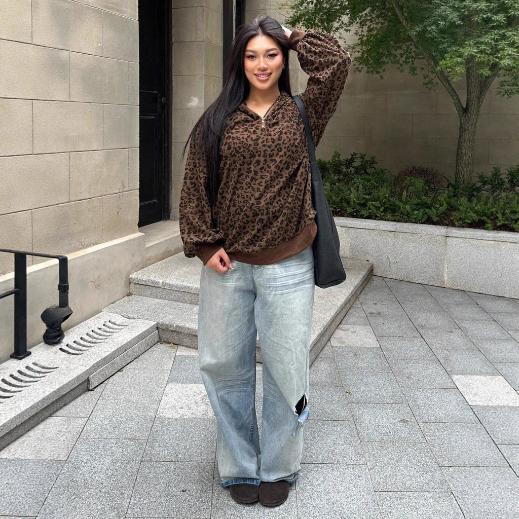 Women's brown leopard print zip-up hooded corduroy long sleeve sweatshirt, front view