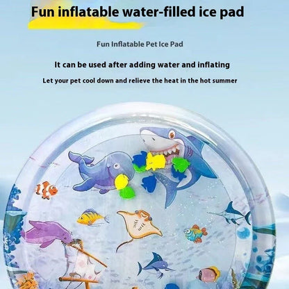 Cooling Pet Water Bed with fish-themed design, providing refreshing comfort for cats and dogs