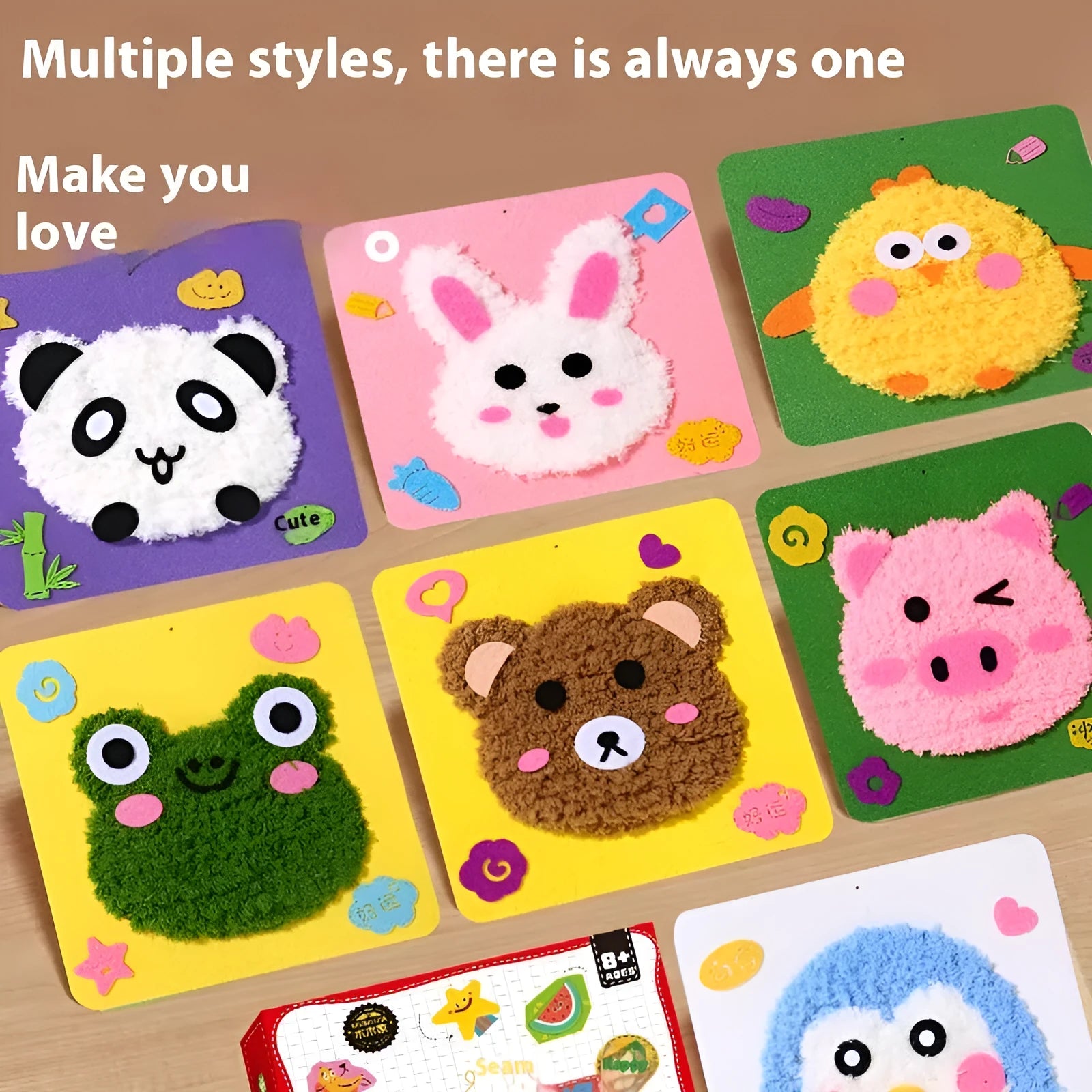 Children's cartoon animal wool embroidery painting DIY set with cloth base, 15x5cm, featuring bear and bunny designs