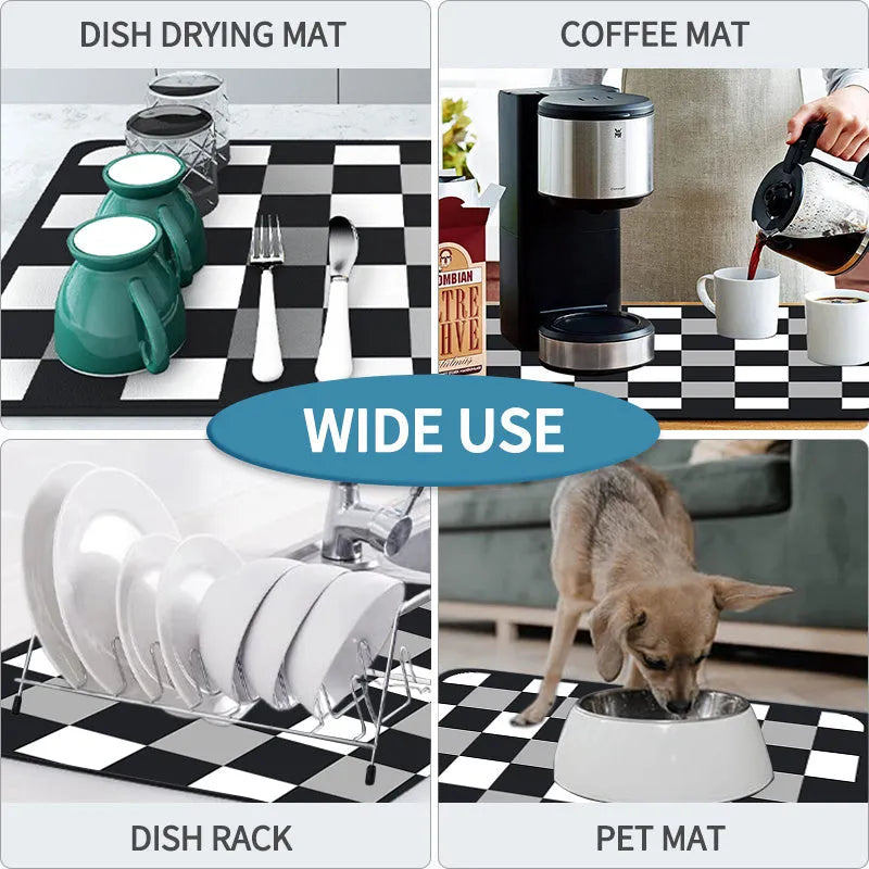 Black square rubber-backed kitchen drying mat on a countertop next to a coffee cup