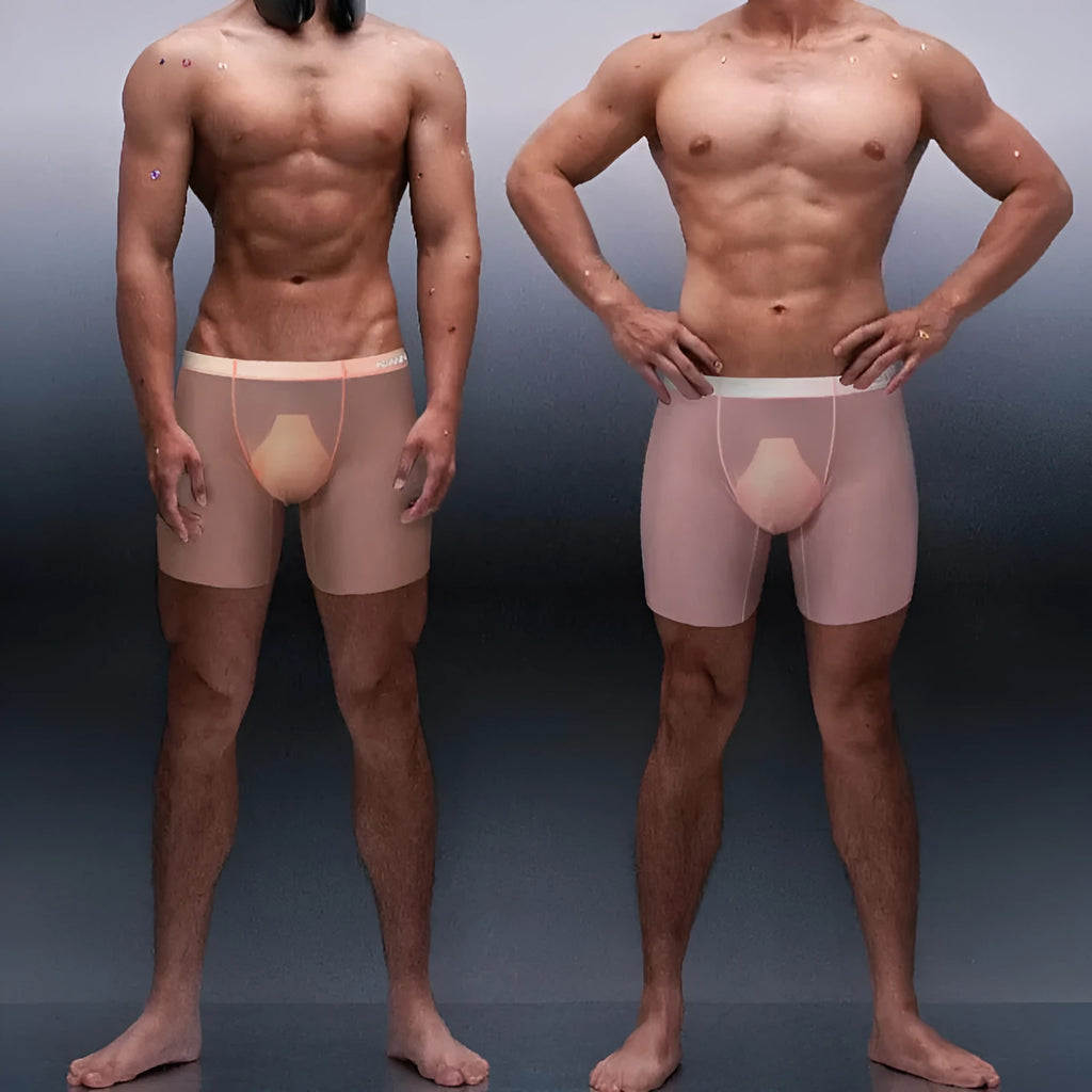 Men's seamless nylon boxer shorts in red, pink, or orange for workouts.