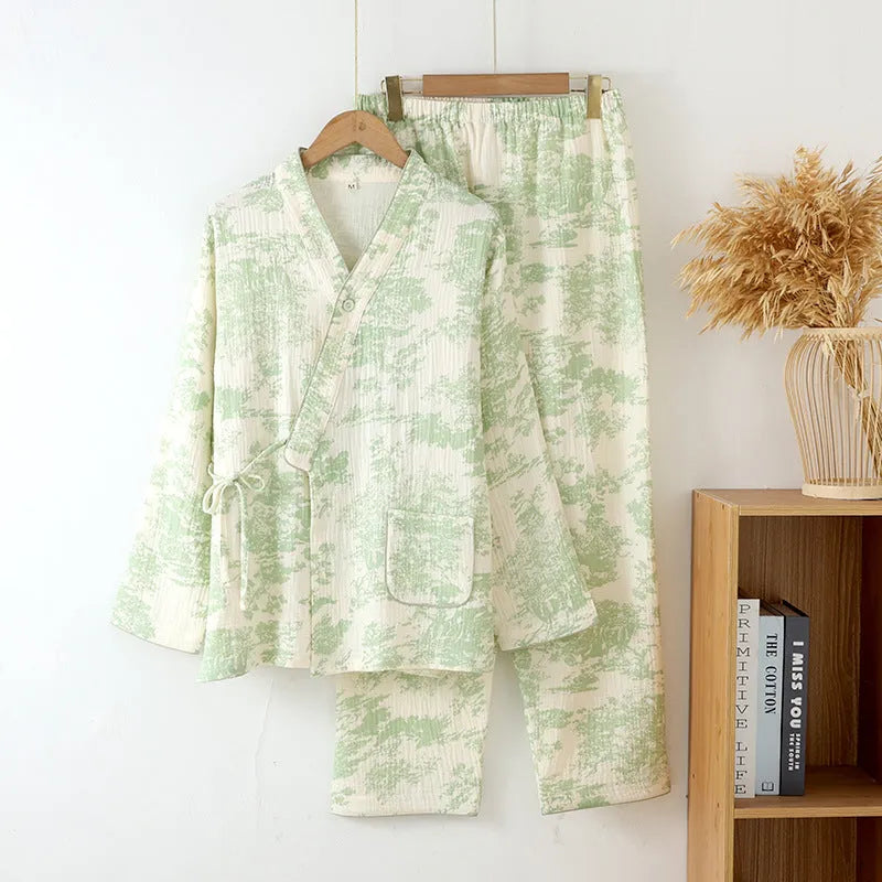 Women's cotton gauze loungewear set with long sleeve trousers in frosted pine tree colour options