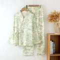 Women's cotton gauze loungewear set with long sleeve trousers in frosted pine tree colour options