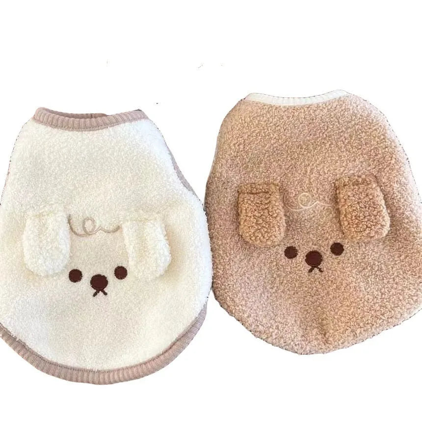 Autumn winter dog vest with ear-hanging embroidered puppy design, polyester, brown or beige, sizes XS-XL