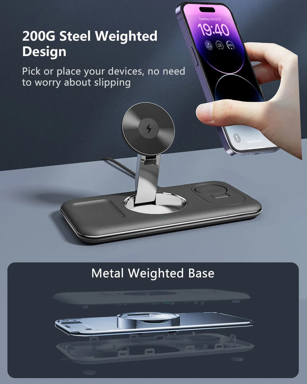 Folding magnetic wireless charger desktop bracket in white or black, 3-in-1, Type-C, 15W phone output, FOD protection.