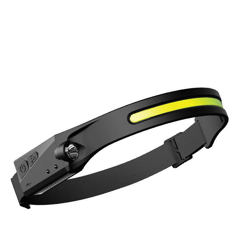 Black silicone USB rechargeable LED headlamp with wide beam and separate spotlight on adjustable strap.