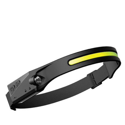 Rechargeable LED headlamp with wide-angle illumination, induction activation, and durable silicone construction for outdoor adventures.