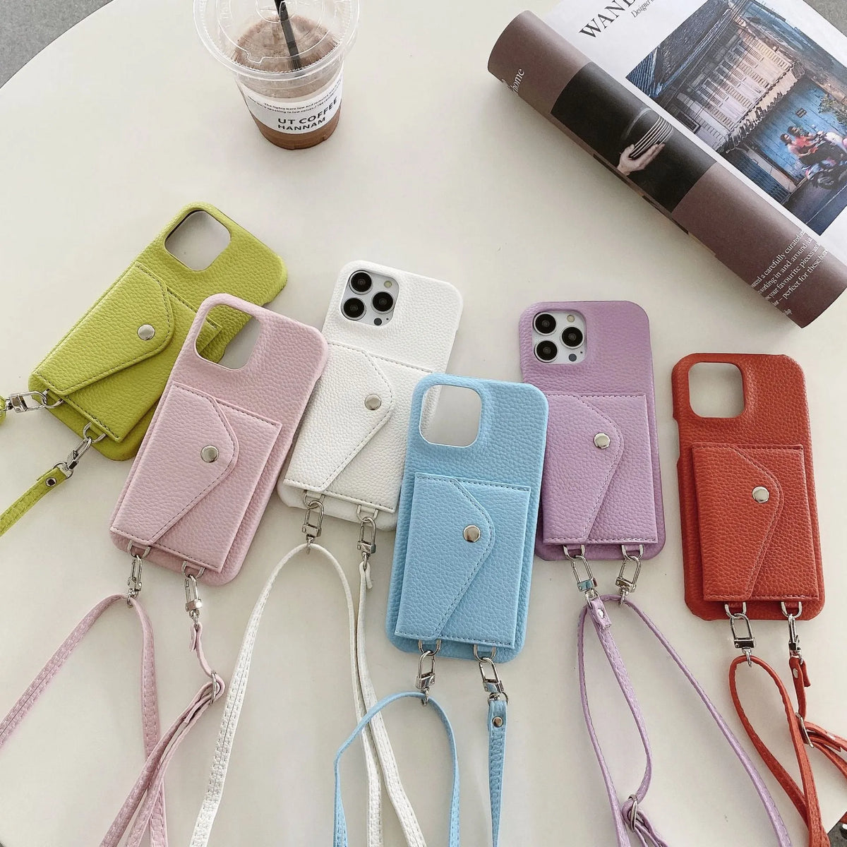 Crossbody phone case with card holder and lanyard for iPhone, lychee pattern PC leather, multiple colours