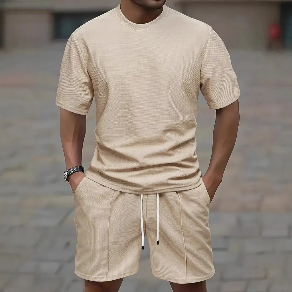 Men's waffle texture polyester summer set showing short sleeve blouse and matching shorts