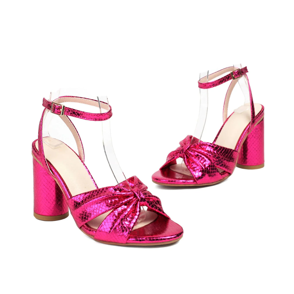 Women's plus size peep toe ankle buckle sandals in gold colour with high heel and adjustable strap