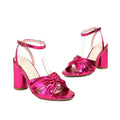 Women's plus size peep toe ankle buckle sandals in gold colour with high heel and adjustable strap