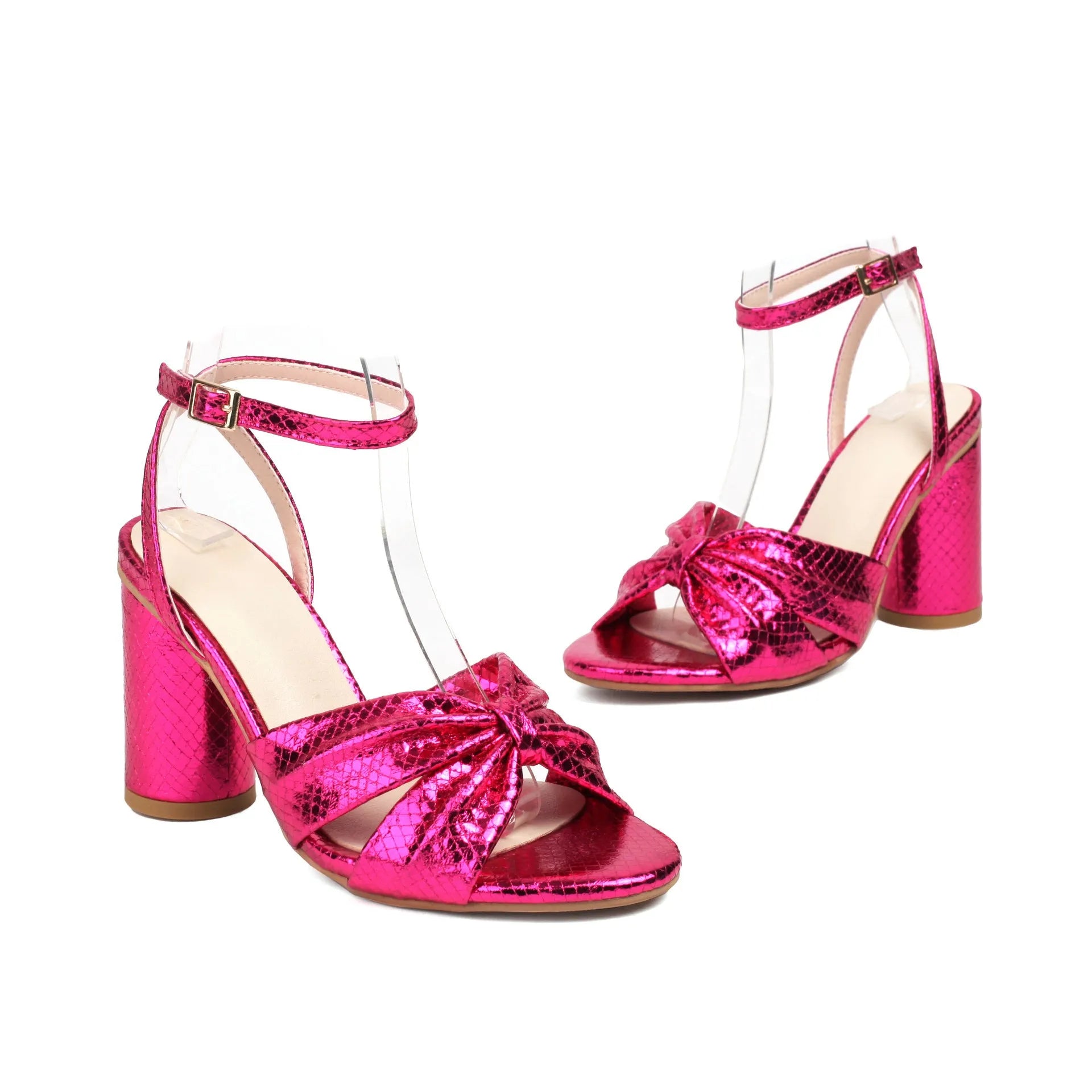 Women's plus size peep toe ankle buckle sandals in gold colour with high heel and adjustable strap