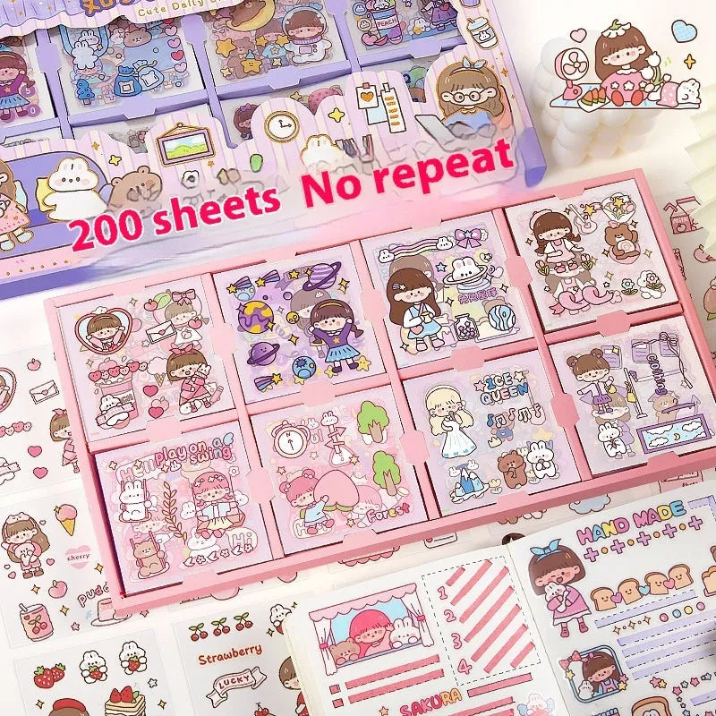 Box of children's printed stickers with cute meatball, peach tea, and space themed designs.
